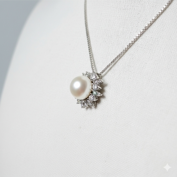 Pearl & Cubic Zirconia 18" Necklace 925 Sterling Silver Italy Box Chain Vintage - Picture 5 of 10